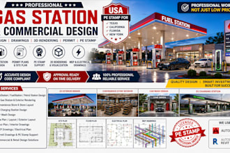design gas station permit plans with pe stamp and 3d rendering