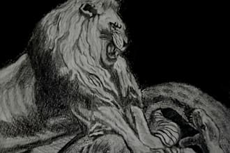 draw realistic lion and snake charcoal sketch illustration
