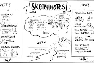 create a hand drawn sketchnote, visual notes and doodle infographics