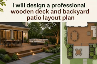 design a professional wooden deck and backyard patio layout plan