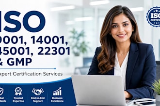 give iso 9001, 45001 , 14001, gmp, 22301 iso certification