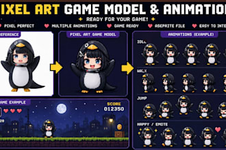 do custom pixel art character sprite, spritesheet animation and game assets