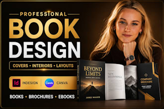 design book cover, book interior design, brochure using adobe indesign, canva
