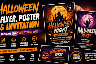 design a halloween party flyer, poster and party invitation