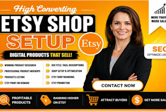 do etsy shop setup, pod integration, etsy digital products creation