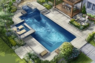 design backyard, pool, patio, outdoor landscape 2d rendering