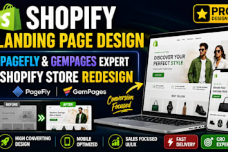 design shopify landing page using pagefly, gempages, redesign shopify store