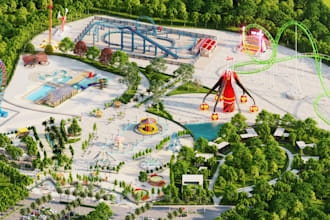 create 3d theme park design, water park, 3d amusement park, 3d resort park