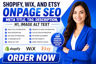shopify wix and etsy onpage seo meta title tag description h1 image alt text