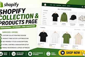 do shopify collection page, product variants page design with color swatches
