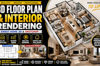 create realistic 3d floor plan, interior design and render in sweet home 3d