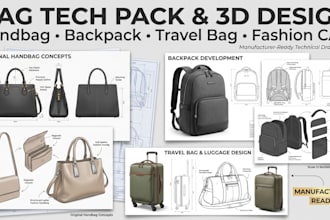 design bag tech pack technical drawing for handbag, backpack and 3d render, pdf