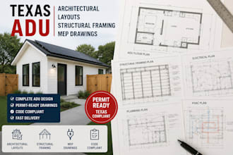 deliver texas adu architectural layouts with structural framing and mep drawings