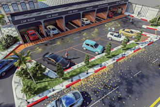 design 3d ev car wash and automotive service facility rendering