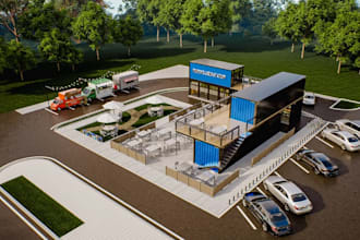3d commercial building,container food court,retail store,cafe design,aerial view