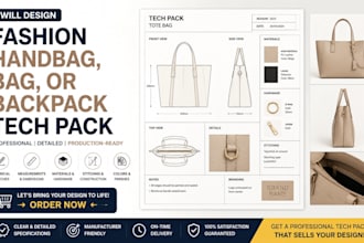 design a fashion handbag, bag, or backpack tech pack