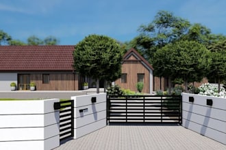 redesign barn house elevation,floor plan, exterior garden visual,driveway design