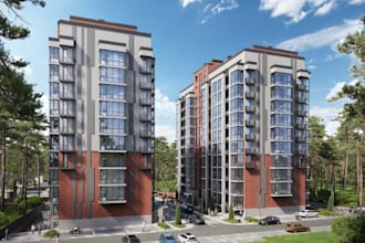 turn flat layout to photorealistic 3d visual, apartment complex exterior render