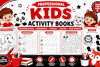 design kids activity, worksheets, mazes, dot to dot, word search and printables