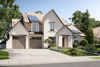 remodel american single family home, exterior rendering, garden, driveway design