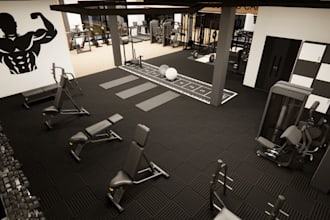 design 3d photorealistic fitness center,gym layout, facility interior render