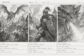 create cinematic storyboard illustrations for film and animation