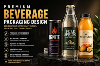 create luxury beverage packaging design for bottles, cans, energy drinks