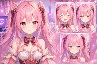 design cute female anime pngtuber illustration with emotions for twitch streamer