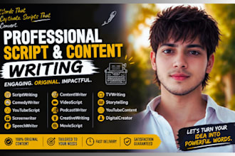 write engaging youtube scripts, comedy script speech writing and screenplays