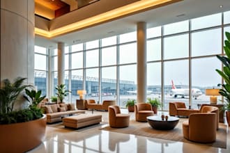 design high end airport lounge, terminal cgi hotel and commercial landscape 3d