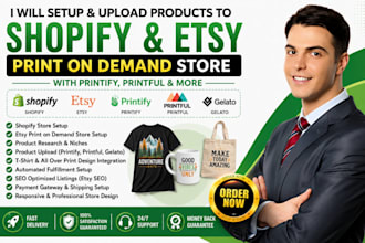 setup and upload product to shopify etsy print on demand store printify printful