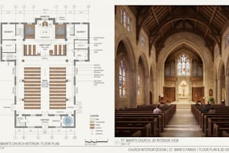 professional church interior design with realistic 2d floor plan and 3d render