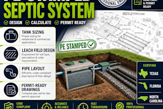 design pe stamped septic system tank sizing, leach field, pipe layout, tx fl