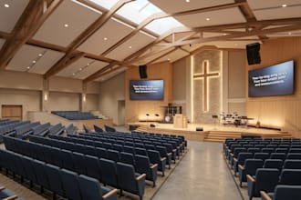 provide church interior, auditorium, stage and worship hall 3d design
