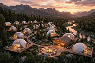 design a luxury glamping dome resort, eco dome, and campsite layout