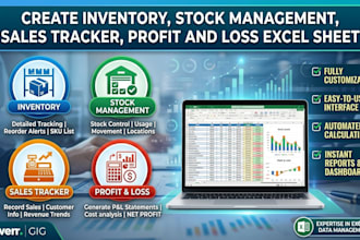 create inventory, stock management, sales tracker, profit and loss excel sheet