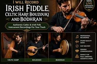 record irish fiddle, celtic harp, bouzouki and bodhran for your track