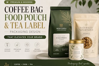 design coffee bag packaging, food pouch and tea label design for brands