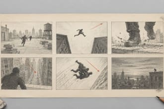 draw action movie storyboards, chase scenes, stunt shot sequences