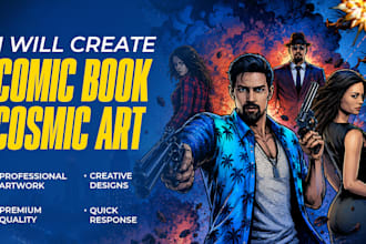 create cosmic illustration, space themed, and comic book art