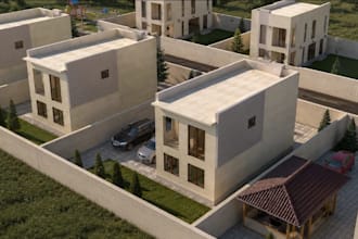 visualize modern exterior building,residential complex, garden design,cgi render