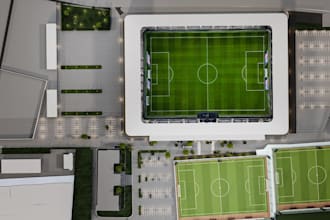 render large scale soccer stadium,landscape field car park lot,community field
