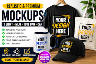 create realistic t shirt, mug, tote bag and cap mockups