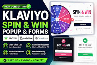 create klaviyo spin to win popup form, wordpress contact, mailchimp signup form