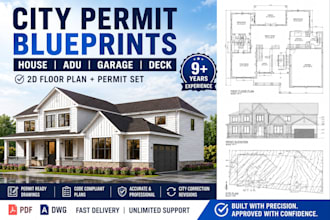 draw city permit blueprints, 2d floor plan, house plans, adu, garage and deck