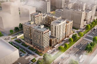 remodel mid rise apartment, courtyard building, facade cgi, urban planning, dwg