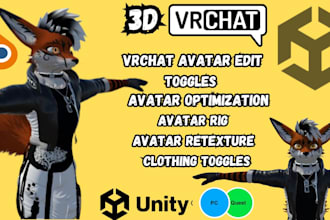 make 3d vrchat avatar edit avatar toggles, rig and texture add  custom features