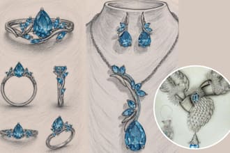 hand drawn aura jewelry sketch pencil drawing biomorphic jewelry sketch design