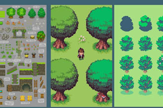 do 2d game character design, sprite sheet, animation, game asset, pixel tileset