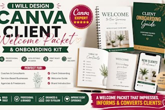 design a canva client welcome packet, onboarding kit, pdf and social medai post